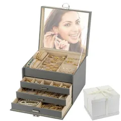 グレー Exgox ジュエリーボックス 大容量 アクセサリーケース 4段式 PUレザー アクセサリー 収納 ジュエリーケース レディース 鏡付き 鍵付き アクセサリー イヤリング ネックレス 腕時計 アクセサリーケース 宝石箱 持ち運び 誕生日 母の日 結婚祝