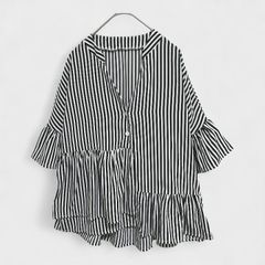 【美品】【SHEIN】『シーイン』[ストライプシフォンブラウス] ブラウストップス ブラックホワイト 白黒 小さいサイズ(S) 商品A2332 管理D