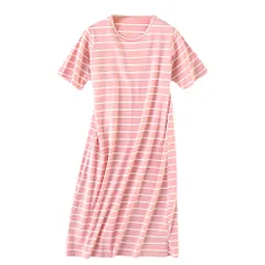 パジャマ ルームウェア ワンピース レディース 綿 半袖 ボーダー 部屋着 大きいサイズ 膝下 透けない マタニティ シンプル おしゃれ 体型カバー コットン rr2 3.ピンク M|L|XL|3L(2XL)|4L(3XL)|5L(4XL)
