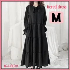 ロングワンピース ティアードワンピース フリル  ボウタイ ワンピース / M