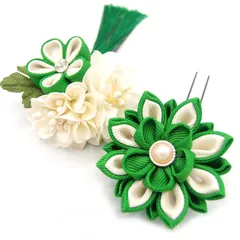 髪飾り 成人式 振袖 浴衣 袴 ２点セット 緑 つまみ細工 結婚式 入学式 入園式 卒園式 卒業式 七五三 ブライダル 前撮り 和装 日本製 花 かんざし 人気  フォーマル 簪 花飾り 着物 グリーン W 30 323-282 u856　Si