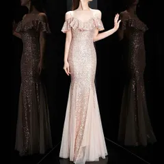 スパンコールにチュールがゴージャスなフリルのオフショルドレス