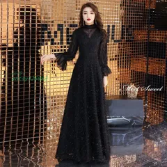 カラードレス ロングドレス ブラック 黒 長袖 ハイネック 結婚式 ファスナー パーティードレス 披露宴 二次会 演奏会 発表会 イブニングドレス フォーマルドレス ant4y426982