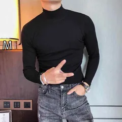 [M]春 コーデ メンズ 用 服 シンプル ファッション オシャレ 大人 かっこいい 大きいサイズ ストリート 紳士服 スリム 無地 ハーフ タートルネック 長袖 T シャツ 韓国スタイル ミッド カラー ソーシャル 