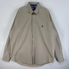 古着 90's/90年代 トミーヒルフィガー TOMMY HILFIGER 長袖シャツ ロゴ 刺繍 胸ポケ ボタンダウン M  ベージュ 無地 メンズ