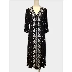 ★ワンピース  レディース ロングワンピ 春秋 春ワンピース 袖あり 長袖 Vネック ロング丈 ゆったり 総柄 刺繍 ドット かわいい ブラック M jp0511