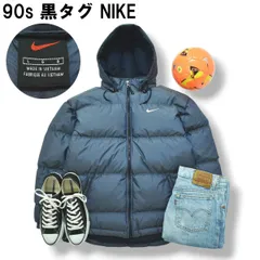 90s ヴィンテージ 黒タグ ナイキ NIKE フーデット ダウン ジャケット ジップアップ キルティング スウッシュ ロゴ ジャンパー ウィンドブレーカー L ネイビー レディース ♪