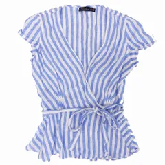 POLO RALPH LAUREN ラルフローレン ストライプ柄 リネン カシュクール シャツ ブラウス 半袖 サイズXS ブルー レディース 【中古】