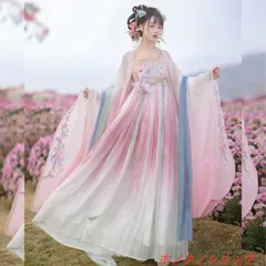 美品未使用 春序流光 漢服 唐制一片式 プリーツスカート 漸変グラデーション 大袖トップス 花柄刺繍入り 春夏用 中華風 撮影会 仮装 衣装 舞台 イベント デイリーコーデにおすすめ プレゼントにも最適
