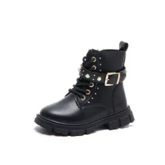 ☆ ブラック ☆ 34(21cm) ☆ キッズ ブーツ pkboots300 キッズ ブーツ 女の子 ショートブーツ ショート ショート丈 レースアップブーツ ハーフブーツ 子供ブーツ ひも 紐 ベルト 編み上げ ローヒール ラウンドトゥ 子供 こども 子ども