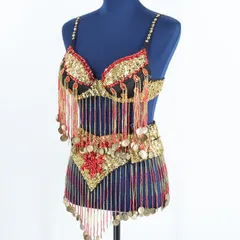 【ベリーダンス用オリエンタル衣装】ブラック×レッド×ゴールド スパンコールラメ コイン ビーズ 黒 赤 ゴージャス 豪華 綺麗 ブラトップ ベルトセット 煌びやか