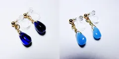 F100GD ブルー系 ドロップビーズ 樹脂ノンホールピアス 2点セット 金アレ 金属アレルギー対応　金属色ゴールド
