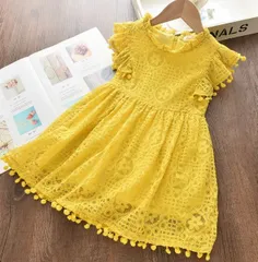 ワンピース プリンセスドレス ノースリーブ ワンピースレースドレス 韓国子供服 ガールズプリンセスドレス 夏の女の子のドレス 中空レース ノーブルエンジェル キッズワンピース カジュアルワンピース 韓国子ども服 カジュアルサマーワンピースドレス イエロー