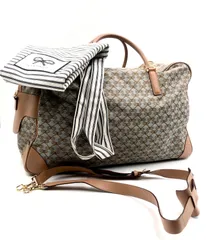 ■極美品■ANYA HINDMARCH アニヤハインドマーチ　ロゴリボン総柄　2way 大型ボストンバッグ  ショルダーバッグ　ノベルティトートバッグ付き　キャンバス×レザー　グレー×ブラウン　ゴールド金具　肩がけ　斜めがけ