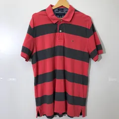 TOMMY HILFIGER/トミーヒルフィガー 半袖ポロシャツ ボーダー フラッグ刺繍 INDIA製 メンズ L/G レッド/ブラック