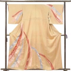 訪問着 身丈161cm 裄66cm 前幅23cm 後幅30.5cm 袖丈49cm 袖幅33.5cm レディース 袷 絞り 裄長 裄M-Lサイズ 秋冬春用 正絹（シルク）イエロー やや難 リメイク リユース リサイクル【呉服のきくや】