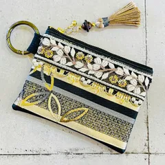 【新品】SKP#6 インド刺繍リボン　着物ハギレ　ポーチ　リボン　タッセル付き