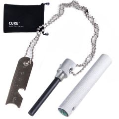 新品 CURE（キュア） ファイヤースターター 火打ち石 火打石 マグネシウム棒 アルミ 日本語説明書付き 6.3cm シルバー 専用スエードミニポーチ付き 缶オープナー兼用 CURE-FS1-S