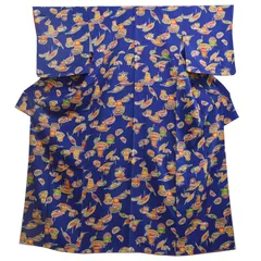 正絹 ちりめん 琉球紅型風 小紋 鉄紺色 船文様 身丈１６５ｃｍ トールサイズ 新品 個性的でおしゃれなデザイン 広衿 舟 ブルー 深い青色 縮緬 着物 リサイクル店 (01-06-56)
