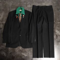 【JAPANESE VINTAGE】5点セット セレモニー シングルスーツ セットアップ 上下 ブラック×グリーン 黒×緑 成人式 卒業式 結婚式（ユーロピンズ＆シャツ＆ネクタイ おまけ）No.8