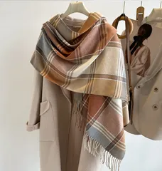 【オレンジ×ベージュ】チェック ストール レディース 大判 秋冬 マフラー 肌触り やわらか あったか フリンジ付き 暖かい 防寒 かわいい おしゃれ 通勤 通学