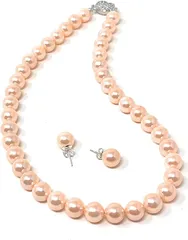 K&R パールネックレス 10mm珠 日本製 冠婚葬祭 結婚式 カジュアル 2点セット( 珊瑚色,  42Cm ピアス)