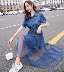 シャツワンピース 半袖 ロング丈 チュールスカート 体型カバー 夏 秋 春 低身長 高身長 ウエストゴム きれいめ カジュアル 大人可愛い [1089]