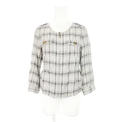 エムケー ミッシェルクラン MK MICHEL KLEIN ジャケット ノーカラー ジップアップ 七分袖 ロールアップ 麻混 リネン混 ウエストマーク チェック 総柄 38 グレー /AH3