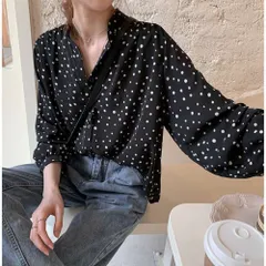 ☆ ブラック ☆ Mサイズ ☆ ブラウス ランダムドットデザイン レディース ブラウス 長袖 おしゃれ シアーシャツ シアートップス スタンドカラー 透け感 ゆったり シンプル ドット 水玉 きれいめ 上品 オフィスカジュアル 通勤 オフィス カジュアル