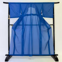 色無地 夏 絽 夏用 洗える着物 裄67cm 身丈160cm お洒落着 普段着 礼装 ポリエステル 青 美品 L サイズ 4353