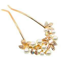 新品 [ミャオミャオ] Miaomyao 簪 かんざし バチ型 髪飾り 和装 留袖 着物 金属 パール ビジュー フラワー 花 コーム ピンクゴールド ヘアアクセサリー