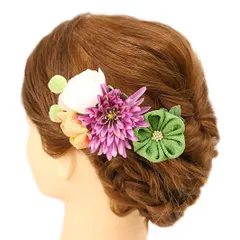 髪飾り 成人式 つまみ細工 振袖 前撮り 袴 浴衣 夏祭り 花火大会 豪華2点セット 白 渋緑 緑 オレンジ 紫 黄緑 ファー ちりめん No.9-4245