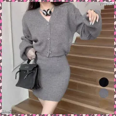 送料無料 ニットセットアップ レディース 秋冬韓国 ニットアンサンブル リブ編みニットカーディガン ショート丈 Vネックトップス 長袖 ニットスカート ミニスカートセクシー お洒落20代30代 着やせニット細見え 膝上タイトスカート