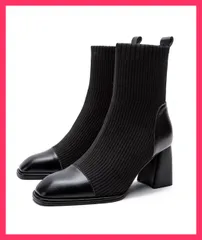 【おしゃれ】 ソックス風ブーツ レディース 太ヒール ニットブーツ/ミドルブーツ/美脚ブーツ ショートブーツ ショート丈 ミドルヒー おすすめ おしゃれ　人気 上品 99GYXC-081