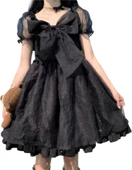 Lady Lazy レディレイジー ロリータ ゴスロリ 半袖 シフォン ワンピース リボン ドレス コスプレ ひざ上(ブラック,  L)