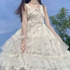 新品未使用 オリジナルデザイン ロリータ風 繁星と蛍 ジャンパースカート（JSK） 吊りスカート 豪華レース＆フリル装飾 優雅なブラック＆ホワイト イベント用 コスプレワンピース ハイウエストデザイン 夏季向け