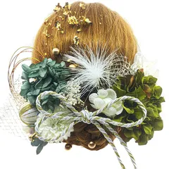 [JZOON] 8色展開 ドライフラワー 髪飾り ダリア 造花飾り 和玉 赤 ヘアアクセサリー 成人式 ゴールド 水引 ヘッドパーツ あじさい 振袖 着物 卒業式 七五三 浴衣 袴 結婚式 かすみ草 和装 造花 手作り 専用ケース付き ダークグリーン