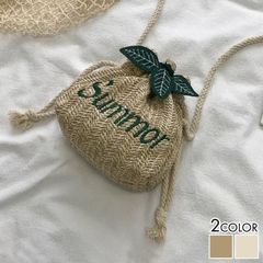 ショルダーバッグ 葉っぱ モチーフ 巾着 かごバッグ ポーチ summer 刺繍 リゾート 夏バッグ ざっくり 素朴 おしゃれ かわいい 肩掛け 斜め掛け 手提げ キッズ 子