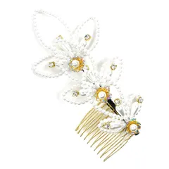 髪飾り コーム型 ラインストーン パール ゴールド 白 キラキラ リーフ 葉 小さい かんざし かわいい 粋 日本製 おしゃれ 上品 No.9-3394