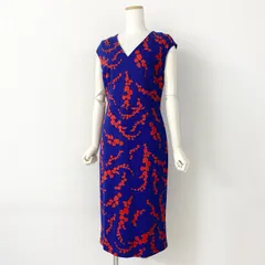 26d14 ESCADA エスカーダ Vネックノースリーブワンピース ドレス 総柄 バックジップ 38 ブルー ヴィスコース レディースのサムネイル