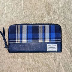essentialDesigns✕PORTER　ラウンドジップ　コラボ長財布　チェック　ブルー