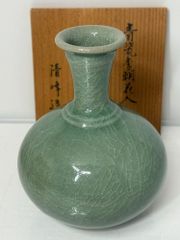 真作保証 中島宏 自作 青磁花入 人間国宝 弓野窯 日本伝統工芸会 佐賀