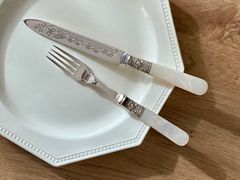 英国製 純銀 白蝶貝 デザートナイフ＆フォーク マザーオブパール やや 