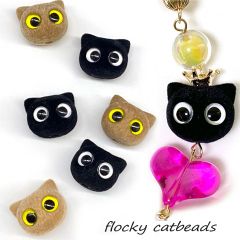 猫 フロッキー 立体 ビーズ 縦穴 ねこ ネコ 顔 クロネコ 黒 茶 ベロア アクセサリーパーツ 1個 beads1216 GreenRoseYumi