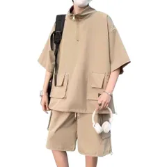 L_L13#カーキ [FJLTDCP] セットアップ メンズ 夏 半袖 上下セット スウェット ルームウェア 夏用 作業着 大きいサイズ ゆったり 快適 -khaki-L
