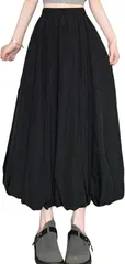bubu o_hana(ブブ オーハナ) バルーン ヘム スカート ロング 丈 ウエスト ゴム 裾 ギャザー 裏地 ポケット あり 付き レディース 女性 用 オールシーズン 無地 シンプル ソリッド カジュアル(ブラック,  L)