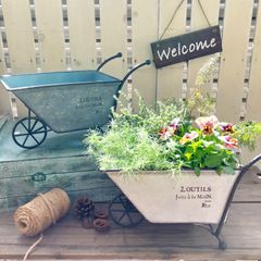 一輪車ブリキプランター 花寄せ植え 鉢カバー 多肉植物 ナチュラルガーデン
