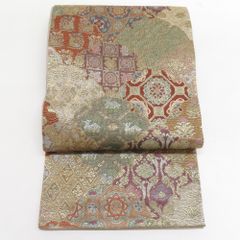 絽刺し 手刺繍 手刺し 全通 袋帯 大華紋 金糸 正絹 Q793 袋帯 絽刺し刺繍 総刺繍 全通柄 正絹 雪輪紋 金糸 フォーマル