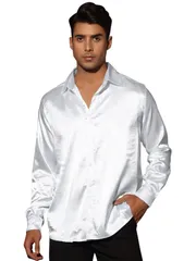 Lars Amadeus サテンシャツ ワイシャツ 光沢 無地 長袖 ボタンダウン 社交ダンス衣装 ステージ オールシーズン 12色 Yシャツ メンズトップス ホワイト M