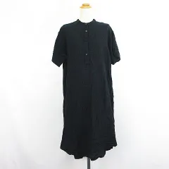 エシーム ESSEME シャツワンピース チュニック 半袖 バンドカラー ハーフボタン プルオーバー ロング丈 麻混 L ブラック ※EKM